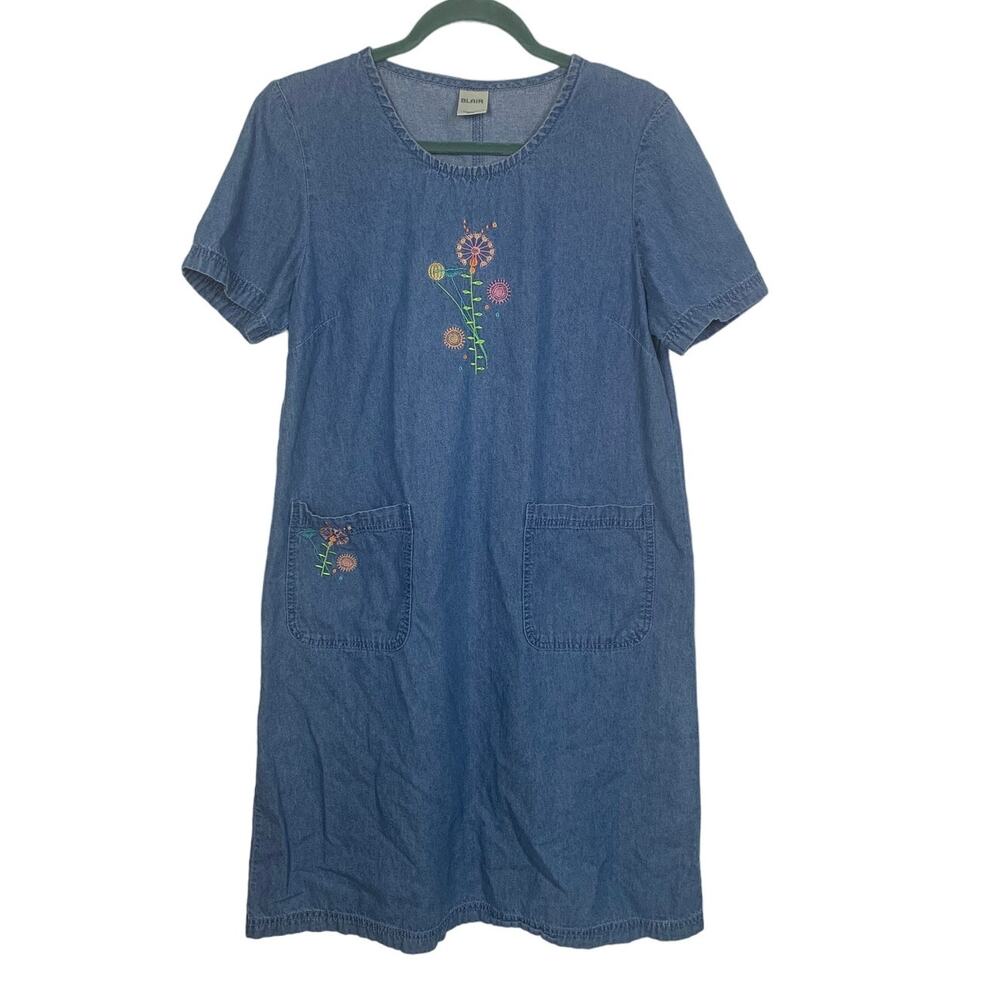 Vintage 90s Blair Denim Dress Floral Embroidery, Size S
